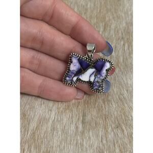 Native American SW Sterling Silver & Purple Dahlia Turquoise Sheep Cow Pendant